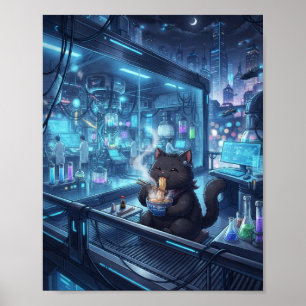 Cyberpunk Zwarte Kat Slurpende Ramen Poster - Sci-