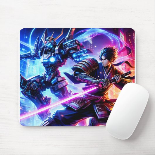 CyberSamurai vs. Mech Warrior-Neon Battle Mousepad Muismat (Met muis)