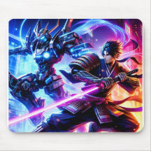 CyberSamurai vs. Mech Warrior-Neon Battle Mousepad
