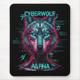 Cyberwolf Alpha   Futuristische Neon Cyberpunk Wol Muismat