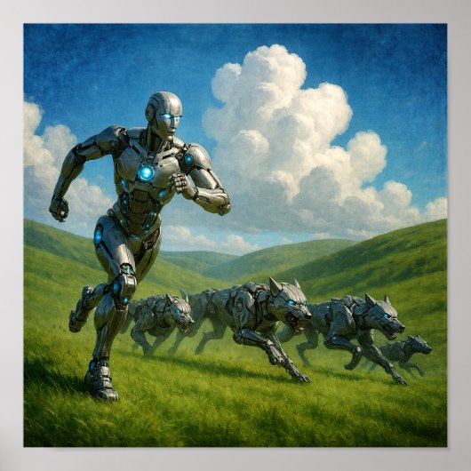 Cyborg and Robotic Wolves Running Poster (Voorkant)