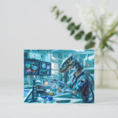 Cyborg-dinosaurus op een hightech werkstation feestdagenkaart (Staand voorkant)