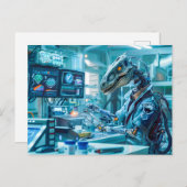 Cyborg-dinosaurus op een hightech werkstation feestdagenkaart (Voorkant / Achterkant)