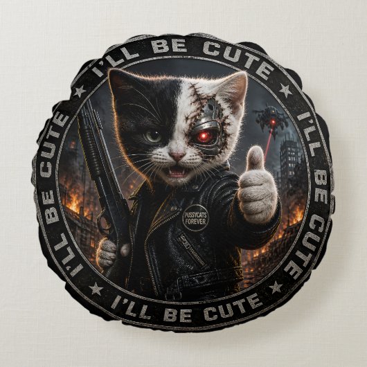 Cyborg kat/cybernetische kat rond kussen (Voorkant)