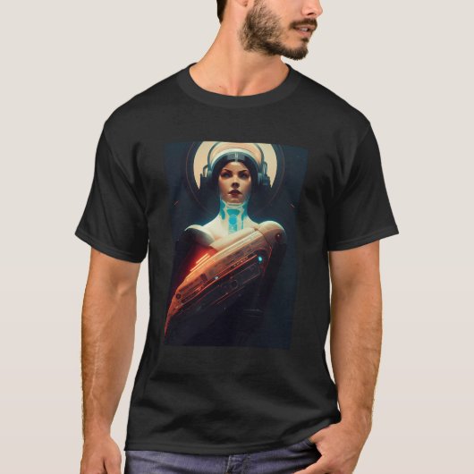 Cyborg Vrouw Retro Donker Sci-Fi Illustratie T-shirt (Voorkant)