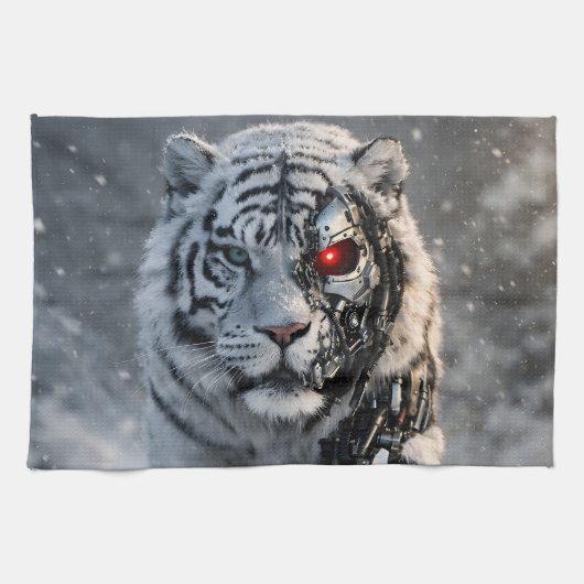 Cyborg witte tijger keukendoek, futuristische scie theedoek (Horizontaal)