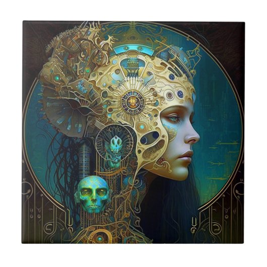 Cyborg Woman Fantasy Sci-Fi Art Ceramic Tegel Tegeltje (Voorkant)