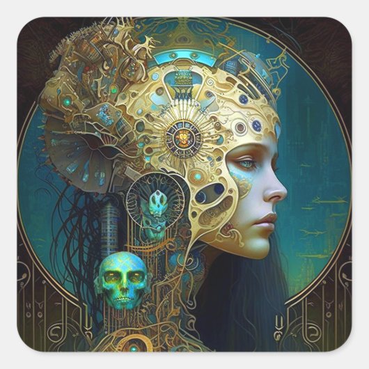 Cyborg Woman Fantasy Sci-Fi Art Square Sticker (Voorkant)