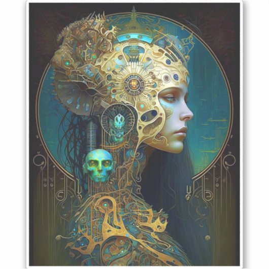 Cyborg Woman Fantasy Sci-Fi Art Sticker (Voorkant)