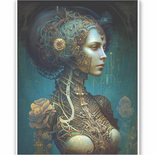 Cyborg Woman Fantasy Sci-Fi Art Sticker (Voorkant)