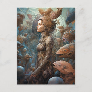 Cyborg Woman omringd door schepsels Briefkaart