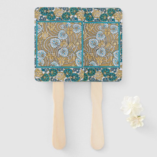 cyclamen blue art nouveau bloem behang handwaaier (Voorkant en achterkant)