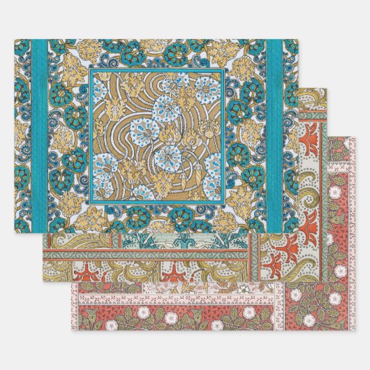 cyclamen blue art nouveau bloem behang inpakpapier vel (Set)