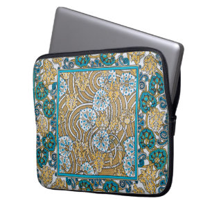 cyclamen blue art nouveau bloem behang laptop sleeve