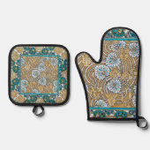 cyclamen blue art nouveau bloem behang ovenwant & pannenlap set (Voorkant)