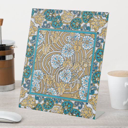 cyclamen blue art nouveau bloem behang reclamebord met voetstuk (Insitu)