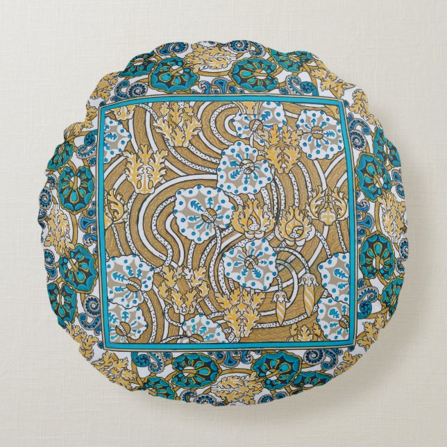 cyclamen blue art nouveau bloem behang rond kussen (Voorkant)