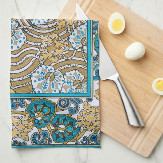 cyclamen blue art nouveau bloem behang theedoek (Quarter Fold)