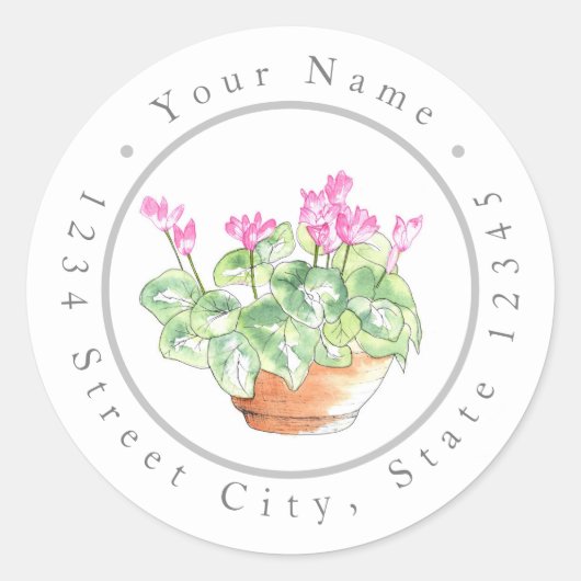 Cyclamen van Waterverf Ronde Sticker (Voorkant)