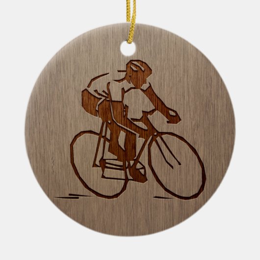 Cyclisch silhouet gegraveerd op houtafbeelding keramisch ornament (Voorkant)