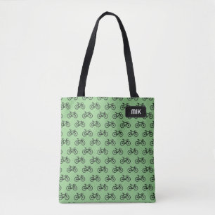 Cyclisch themapatroon van fietsen, je initialen op tote bag