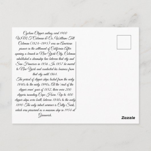 Cycloon Clipper zeilschepen 1900 Briefkaart (Achterkant)