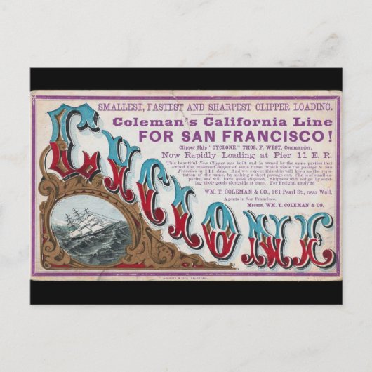 Cycloon Clipper zeilschepen 1900 Briefkaart (Voorkant)