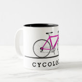 Cycologist tekst met roze fiets tweekleurige koffiemok (Voorkant links)