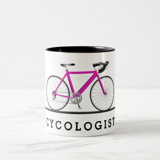 Cycologist tekst met roze fiets tweekleurige koffiemok (Center)