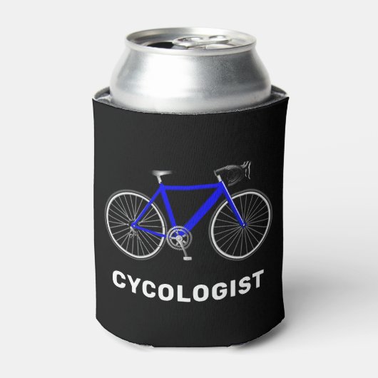 Cycologistische tekst en blauwe fiets blikjeskoeler (Blikje Voorkant)