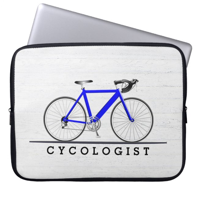 Cycologistische tekst met blauwe fiets laptop sleeve (Voorkant)