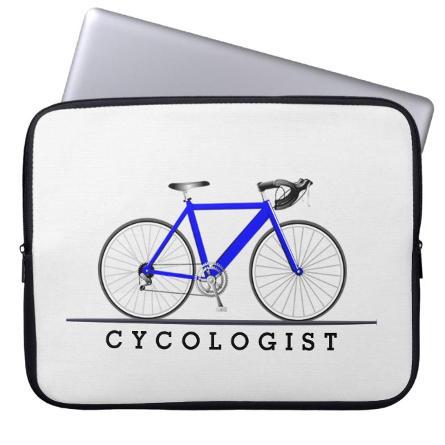Cycologistische tekst met blauwe fiets laptop sleeve (Voorkant)