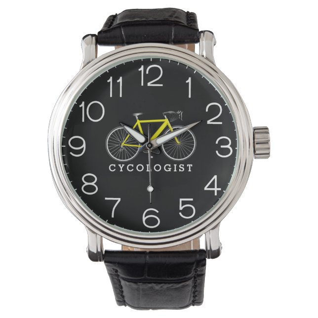 Cycoloog gele fiets op zwart horloge (Voorkant)