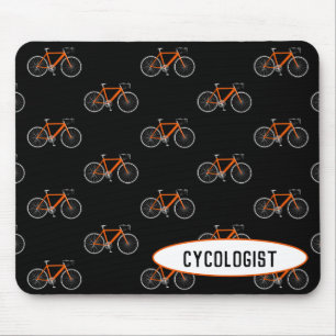 cycoloog oranje fiets op zwart muismat