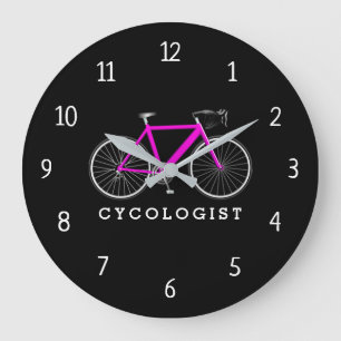 Cycoloog roze fiets op zwart grote klok