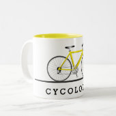 Cycoloog tekst en gele fiets tweekleurige koffiemok (Voorkant links)