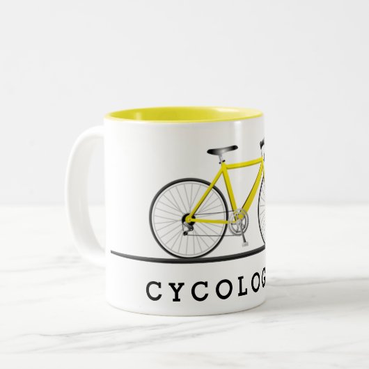 Cycoloog tekst en gele fiets tweekleurige koffiemok (Voorkant links)