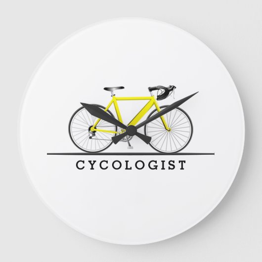 Cycoloog tekst met gele fiets grote klok (Voorkant)