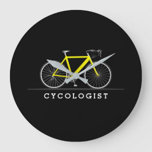 Cycoloog tekst met gele fiets grote klok