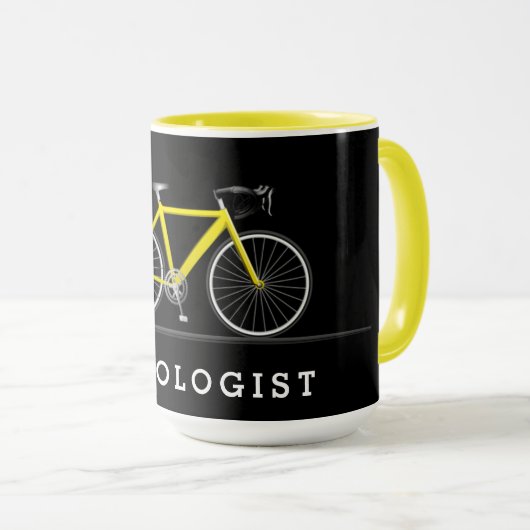 Cycoloog tekst met gele fiets mok (Voorkant rechts)
