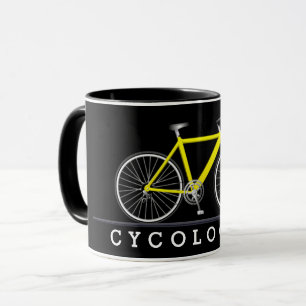 Cycoloog tekst met gele fiets mok