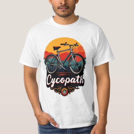 Cycopath: Energetische fiets en zonsondergang Grap T-shirt (Voorkant)