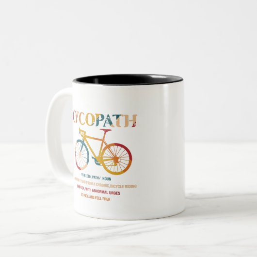 Cycopath Funny Cycling for Cyclists and Bikers Tweekleurige Koffiemok (Voorkant links)