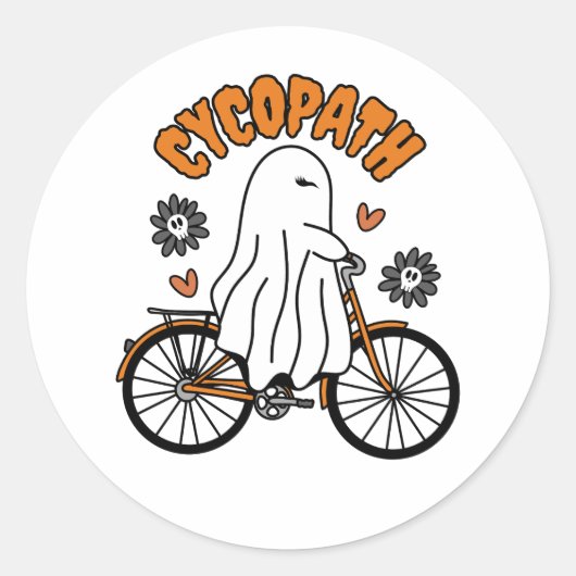 Cycopath Halloween Ghost op de Oranje Fiets Ronde Sticker (Voorkant)