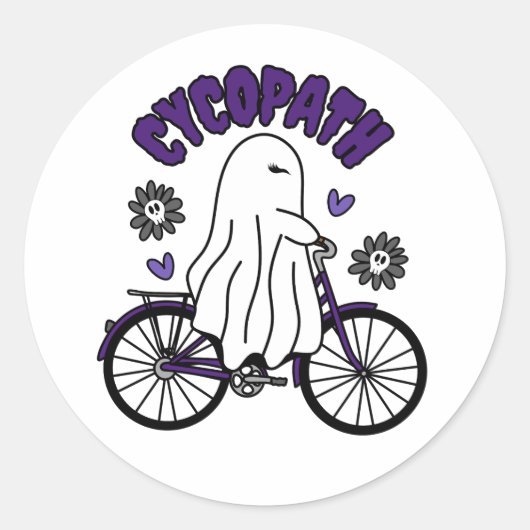Cycopath Halloween Ghost op Paarse Fiets Ronde Sticker (Voorkant)