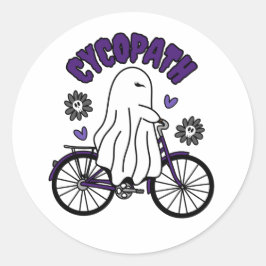 Cycopath Halloween Ghost op Paarse Fiets Ronde Sticker