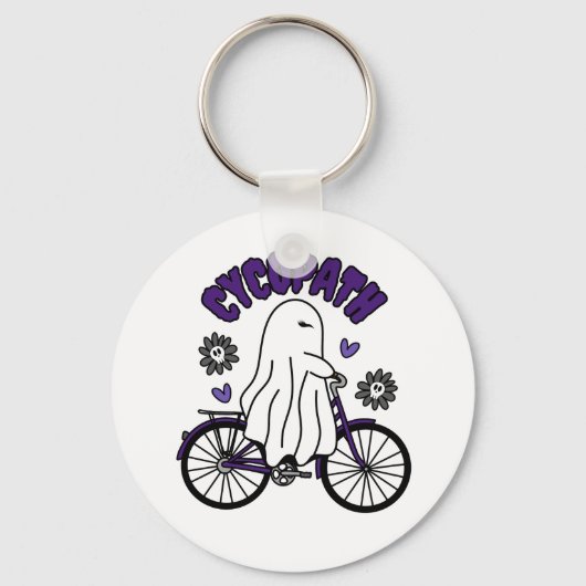 Cycopath Halloween Ghost op Paarse Fiets Sleutelhanger (Voorkant)