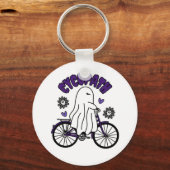 Cycopath Halloween Ghost op Paarse Fiets Sleutelhanger (Voorkant)