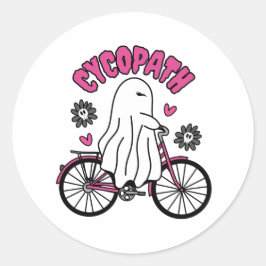 Cycopath Halloween Ghost op Roze Fiets Ronde Sticker