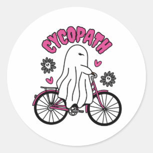 Cycopath Halloween Ghost op Roze Fiets Ronde Sticker